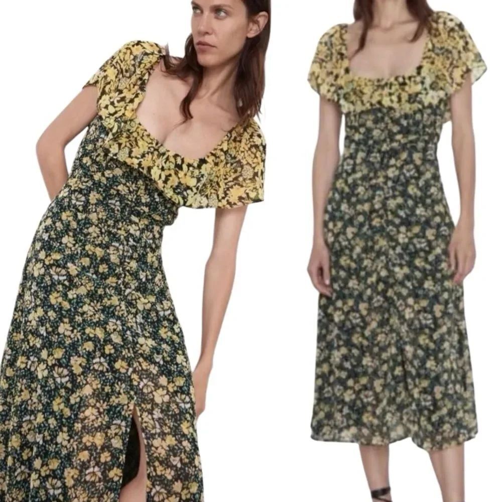 Zara Floral Print Ruched Ruffle Dress XS